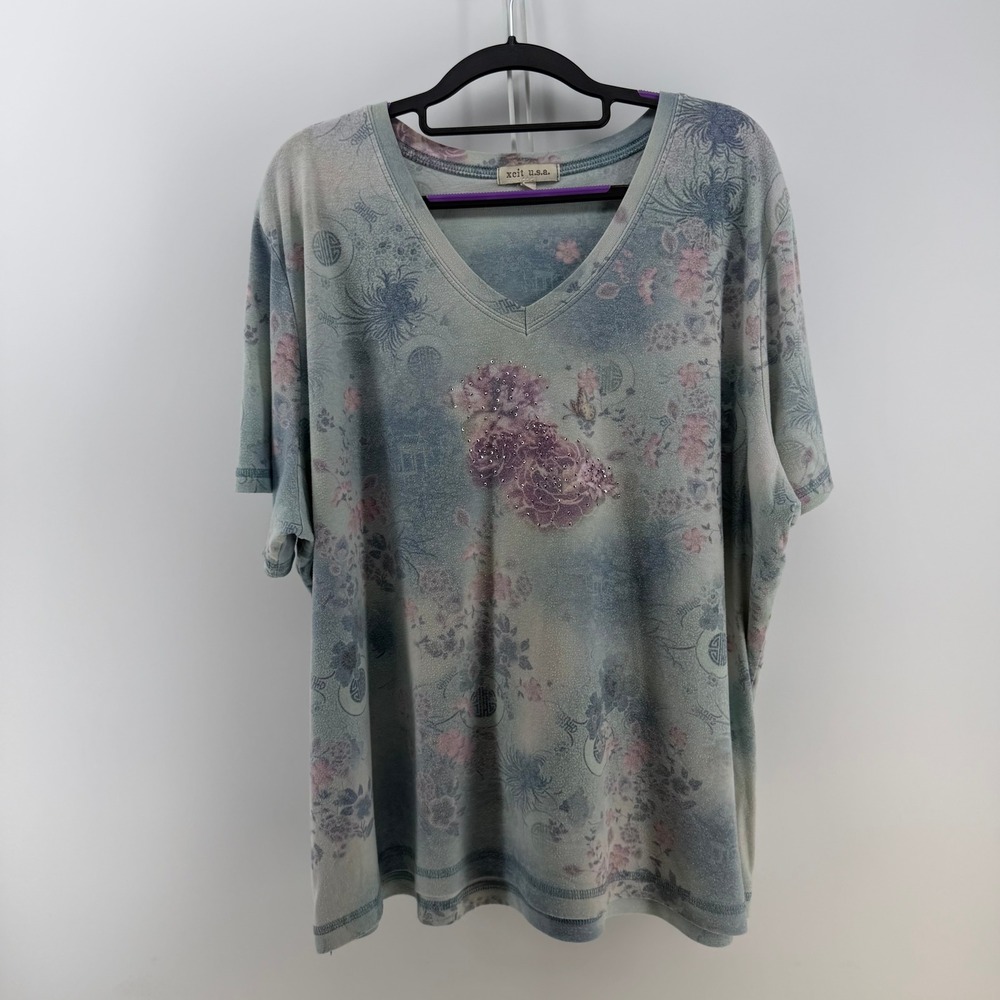Xcit USA T-Shirt Womens‎ 3X Blue Floral Rhinestone V-Neck Boho Cottagecore Y2K